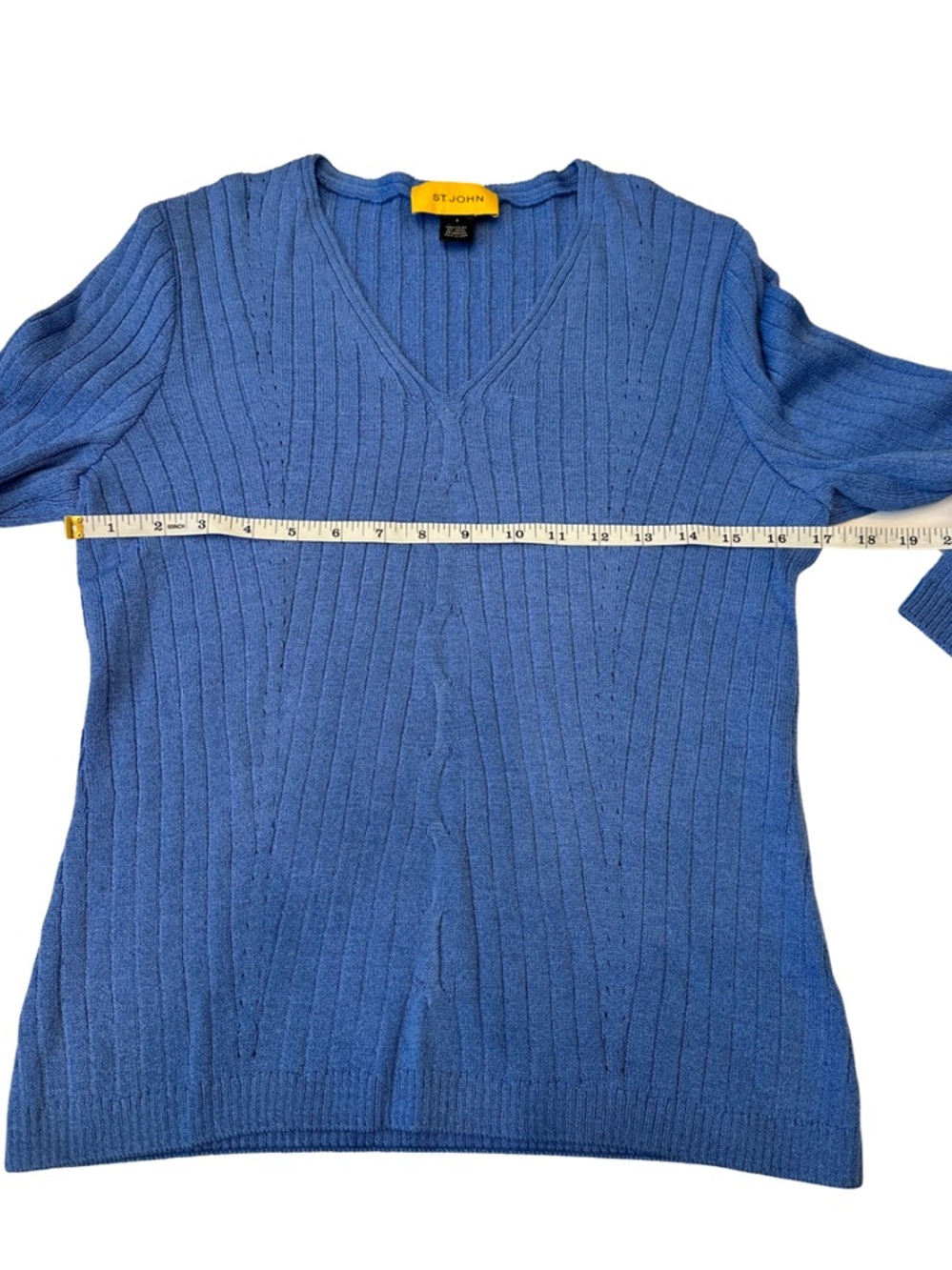 St. John Collection Blue Santana Knit Style Ribbed V-Neck 3/4th Sleeve Sz S - Picture 12 of 14
